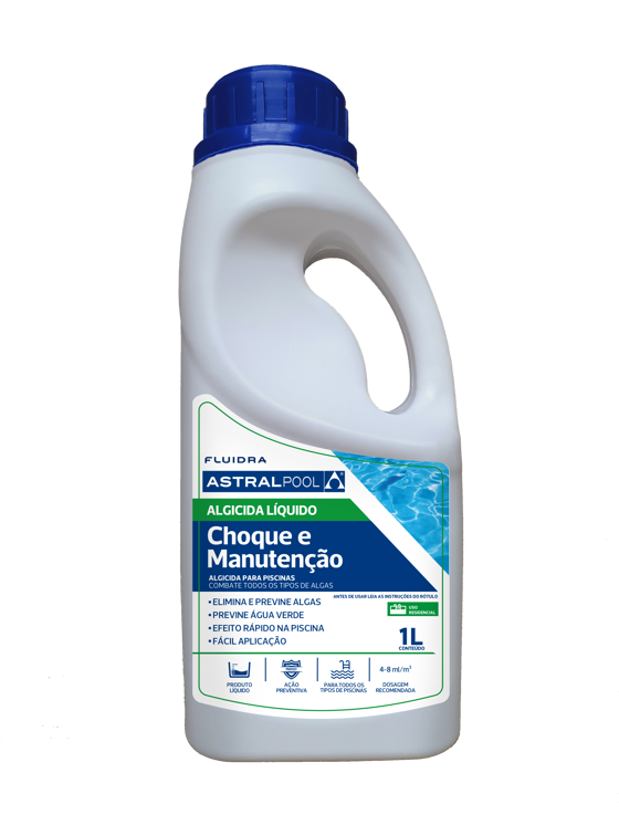Algicida 1 litro Astralpool, eliminador de algas, tratamento de piscina, água cristalina, prevenção de algas, Irmãos Dreon